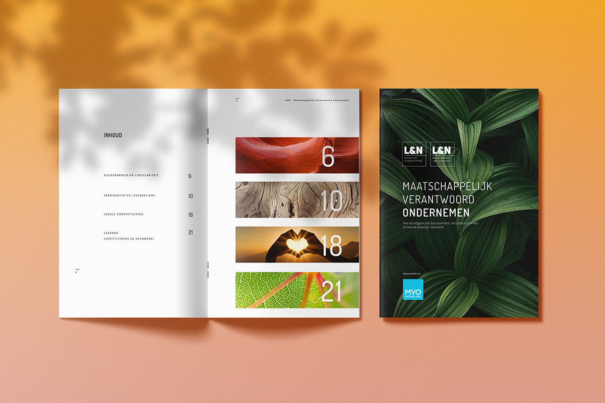 Brochure maatschappelijk verantwoord ondernemen met groene planten, duurzaamheid kantoormeubelen.