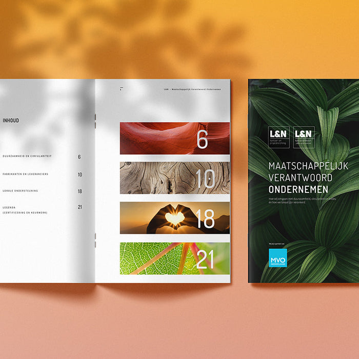 Brochure maatschappelijk verantwoord ondernemen met groene planten, duurzaamheid kantoormeubelen.