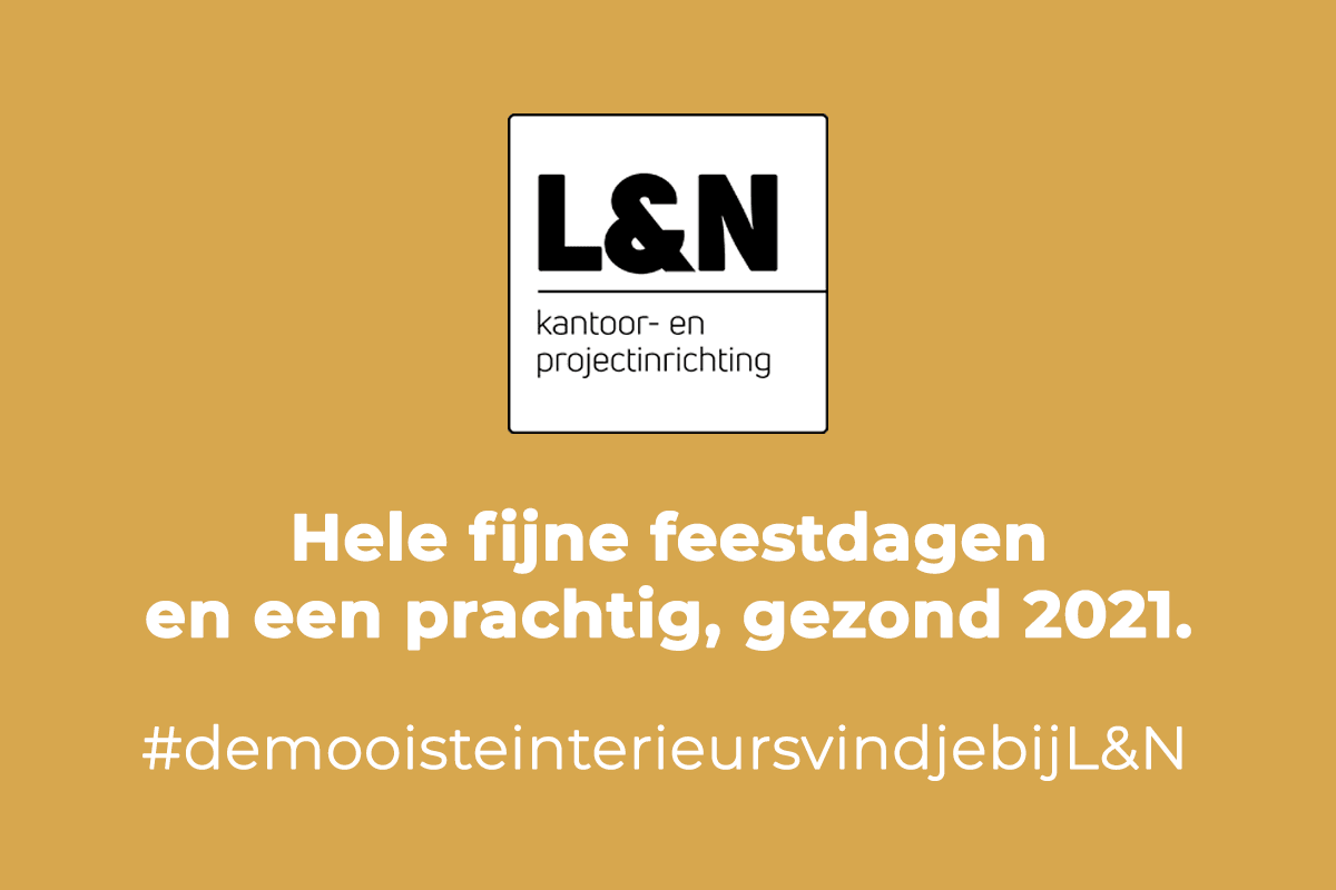 Feestdagenwens met L&N kantoor- en projectinrichting logo op okergele achtergrond, hashtag interieur.