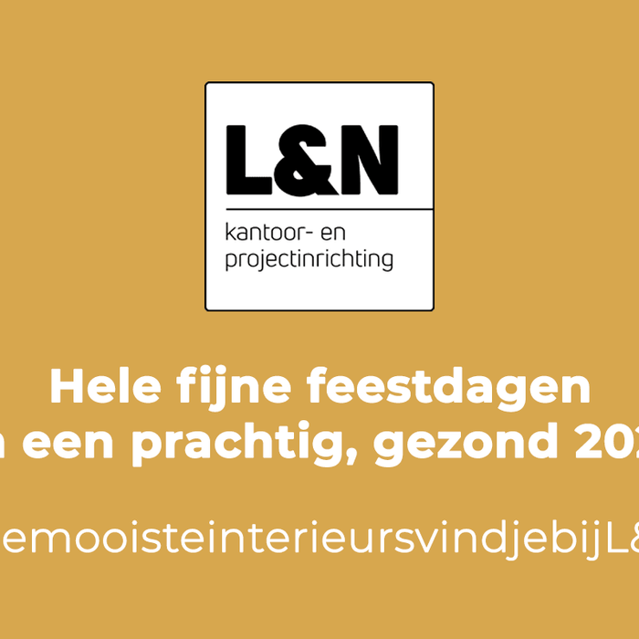 Feestdagenwens met L&N kantoor- en projectinrichting logo op okergele achtergrond, hashtag interieur.