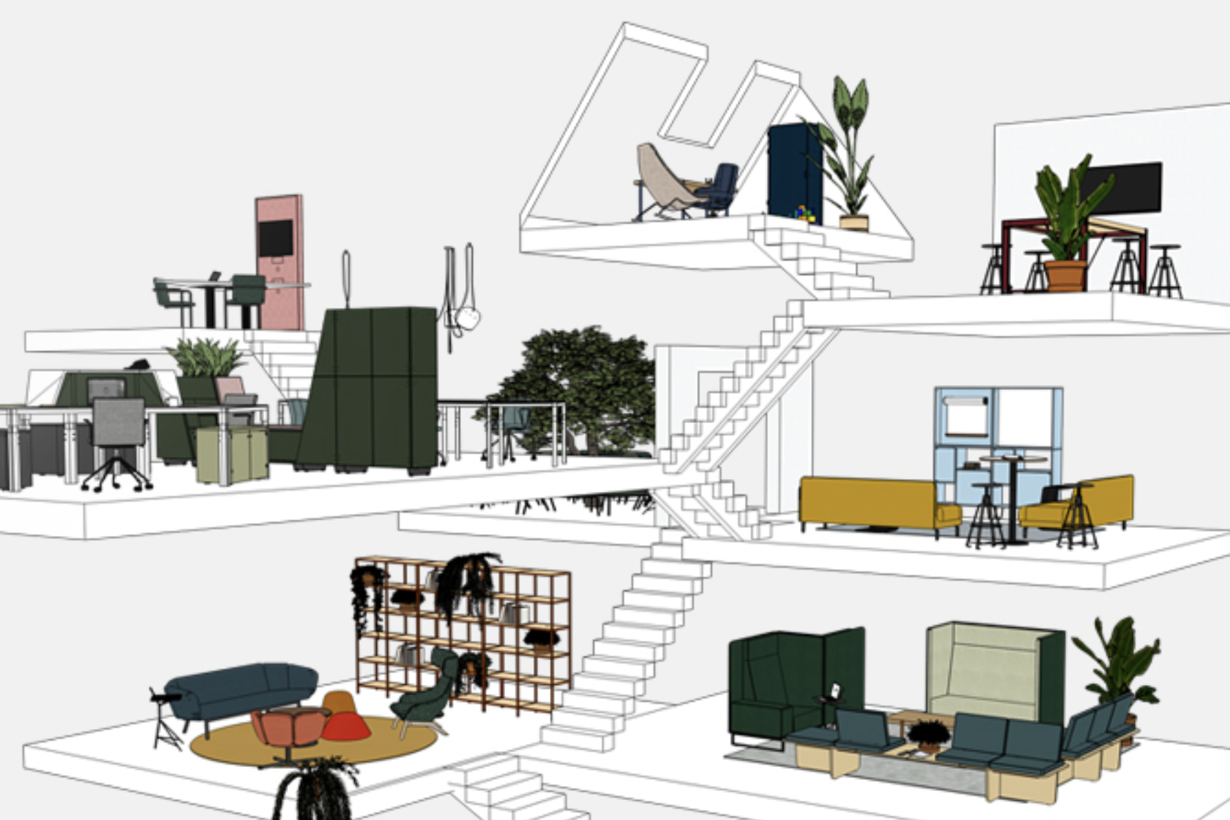 3D tekening van modern design kantoormeubilair met bureaus, stoelen en planten, KANTOORMEUBELS.ONLINE