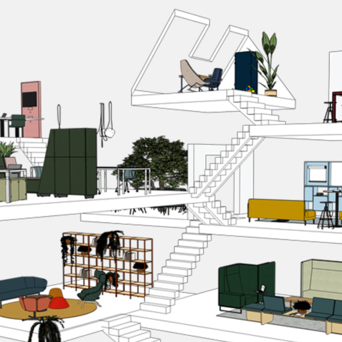 3D tekening van modern design kantoormeubilair met bureaus, stoelen en planten, KANTOORMEUBELS.ONLINE