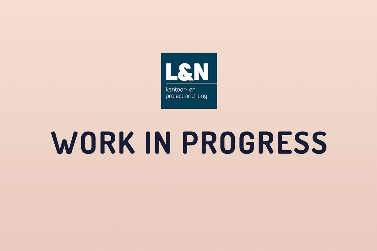 Kantoormeubels.online work in progress banner met L&N logo op beige achtergrond, kantoorinrichting