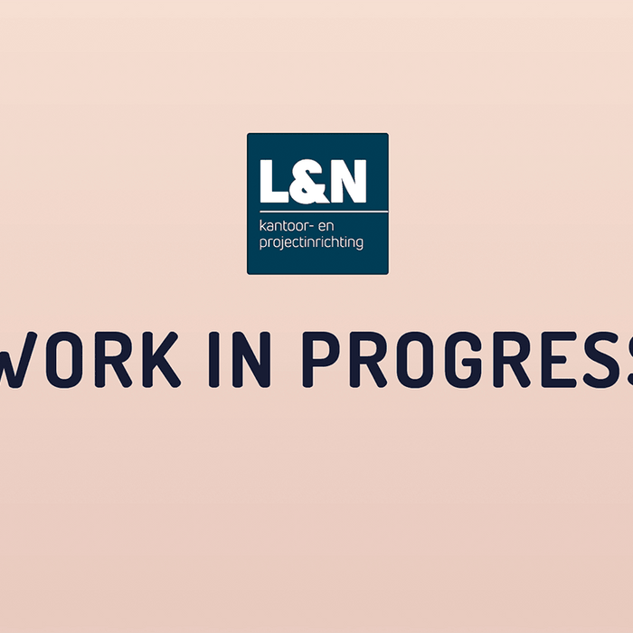 Kantoormeubels.online work in progress banner met L&N logo op beige achtergrond, kantoorinrichting