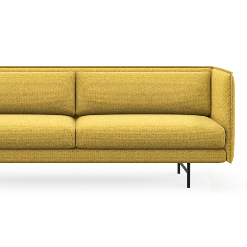 Moderne gele designbank met strakke lijnen, ideaal voor kantoor of vergaderruimte.