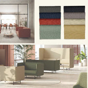 Moderne kantoorruimte met design loungebanken en stoffering in diverse kleuren, kantoormeubilair