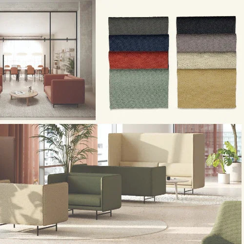 Moderne kantoorruimte met design loungebanken en stoffering in diverse kleuren, kantoormeubilair