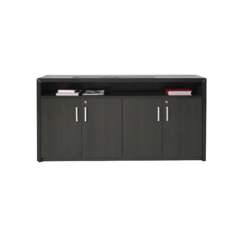 Donkergrijze kantoorkast met vier deuren en open vak, ideaal voor werkplekken en opbergruimte