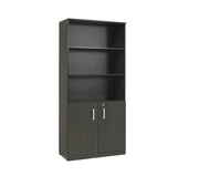 Zwarte design boekenkast met open schappen en dubbele opbergkast, kantoormeubelen