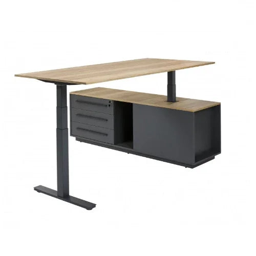 Modern zit-sta bureau met houtkleurig blad en zwarte metalen opbergruimte, kantoormeubilair