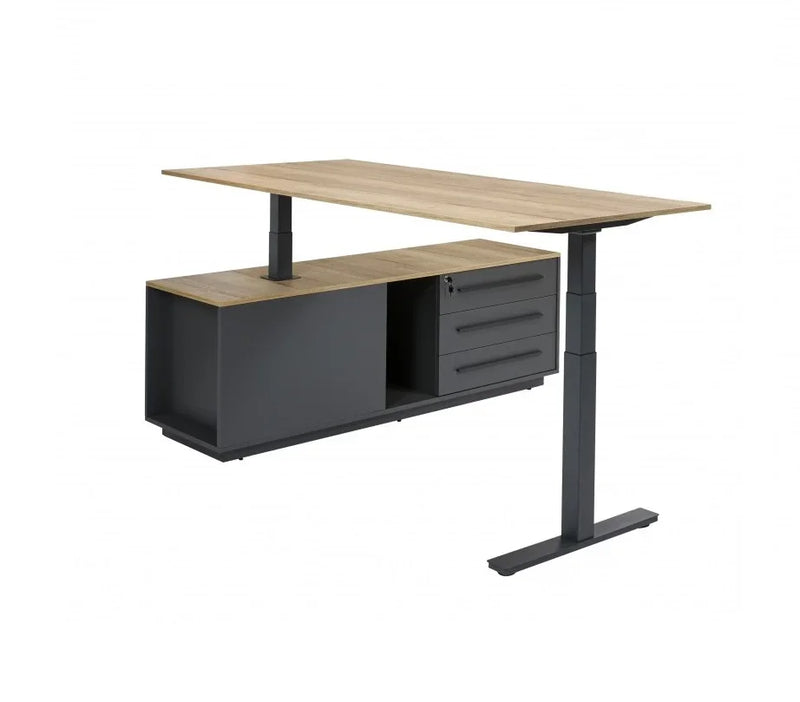 Modern zit-sta bureau met zwart frame en houtblad, kantoormeubilair voor werkplek