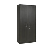 Zwarte kast met twee deuren en metalen handgrepen, kantoormeubel voor opbergoplossingen.
