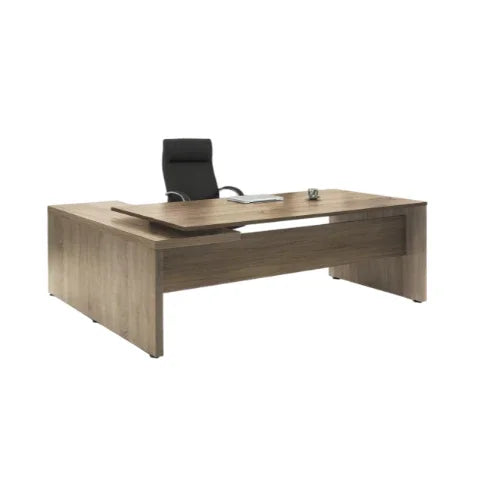 Modern houten bureau met zwart bureaustoel, kantoormeubilair voor werkplek
