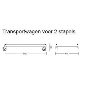 Transportwagen voor 2 stapels met wielen, technische tekening met afmetingen, kantoormeubilair