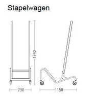Technische tekening van metalen stapelwagen op wielen, kantoormeubilair, afmetingen zichtbaar.