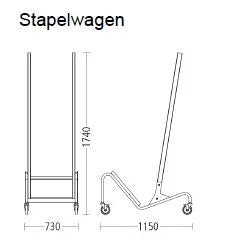 Technische tekening van metalen stapelwagen op wielen, kantoormeubilair, afmetingen zichtbaar.