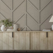 Akoestisch Tacito wandpaneel met visgraatpatroon boven licht houten dressoir, kantoorinrichting