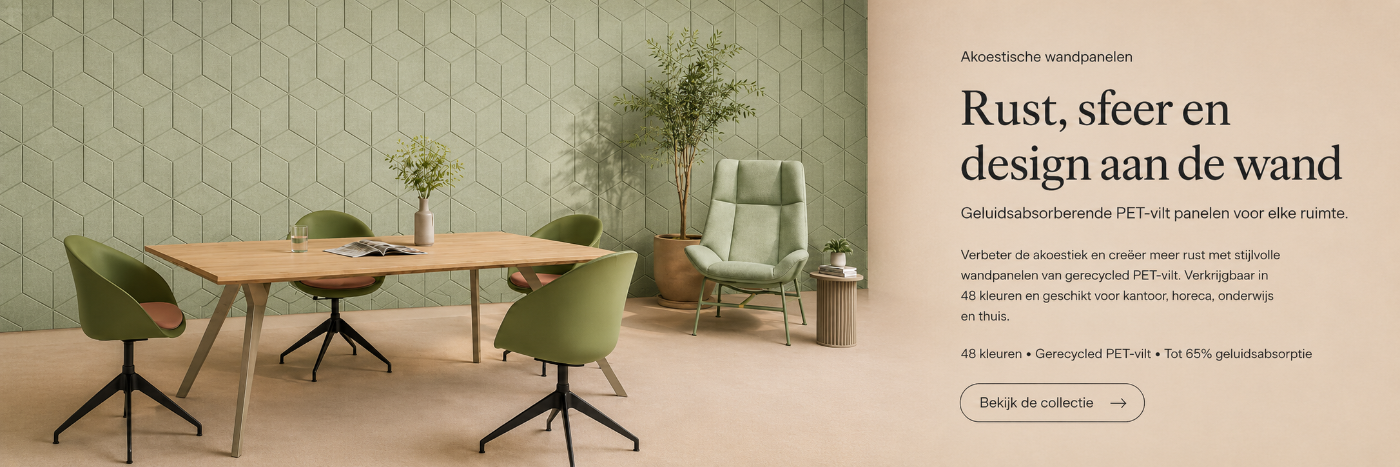 Onze hoogwaardige akoestische wandpanelen zijn gemaakt van PET-vilt, een duurzaam materiaal vervaardigd uit gerecyclede PET-flessen. Deze panelen dempen storend geluid, verminderen galm en verbeteren de akoestiek in ruimtes zoals kantoren, vergaderruimtes, restaurants of thuiswerkplekken. 

Dankzij het lichte en flexibele PET-vilt zijn de wandpanelen eenvoudig te monteren en kunnen ze bovendien oneffenheden in muren egaliseren. Naast functionele geluidsreductie zorgen de panelen ook voor een stijlvolle uits