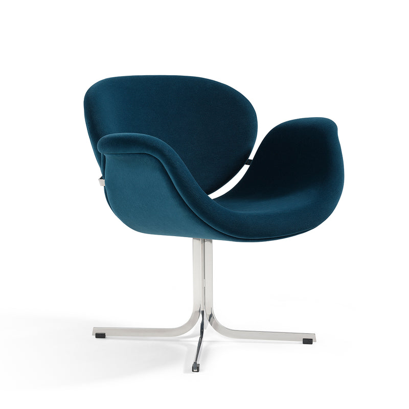 Artifort Tulip Midi blauwe fauteuil met kruisvoet in gepolijst RVS