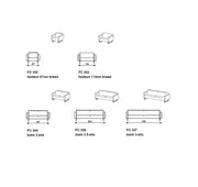 Afbeelding met lijntekeningen van fauteuils en kantoorbanken in verschillende maten, ideaal voor werkplek en vergaderruimte.