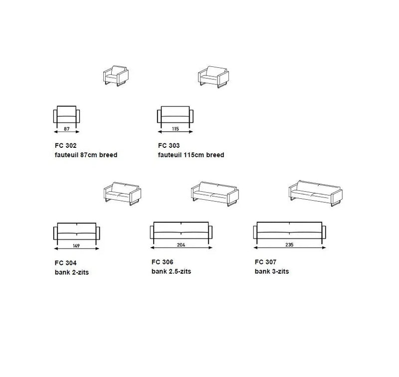 Afbeelding met lijntekeningen van fauteuils en kantoorbanken in verschillende maten, ideaal voor werkplek en vergaderruimte.
