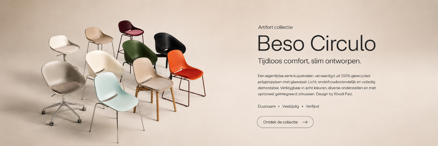 Artifort Beso Circulo: duurzaam design met een uitnodigende uitstraling

De Artifort Beso Circulo is een eigentijdse designstoel waarin comfort, duurzaamheid en veelzijdigheid samenkomen. Deze uitbreiding van de bekende Beso-collectie is ontworpen door Khodi Feiz en heeft dezelfde vriendelijke, toegankelijke uitstraling waar de Beso-serie om bekendstaat. vergaderruimtes, kantines, ontvangstruimtes, onderwijsinstellingen, horeca en moderne kantooromgevingen.