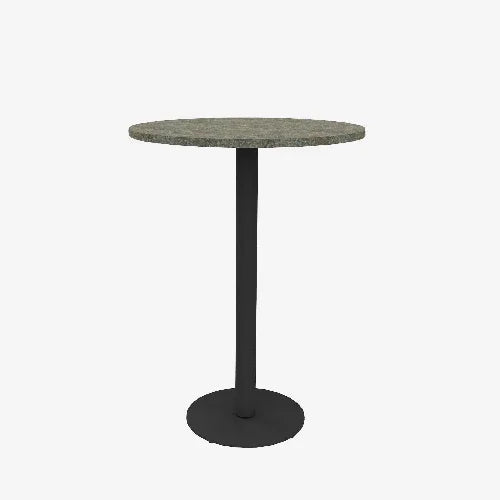 Ronde bistro statafel met grijs blad en zwarte metalen poot, kantoormeubilair design