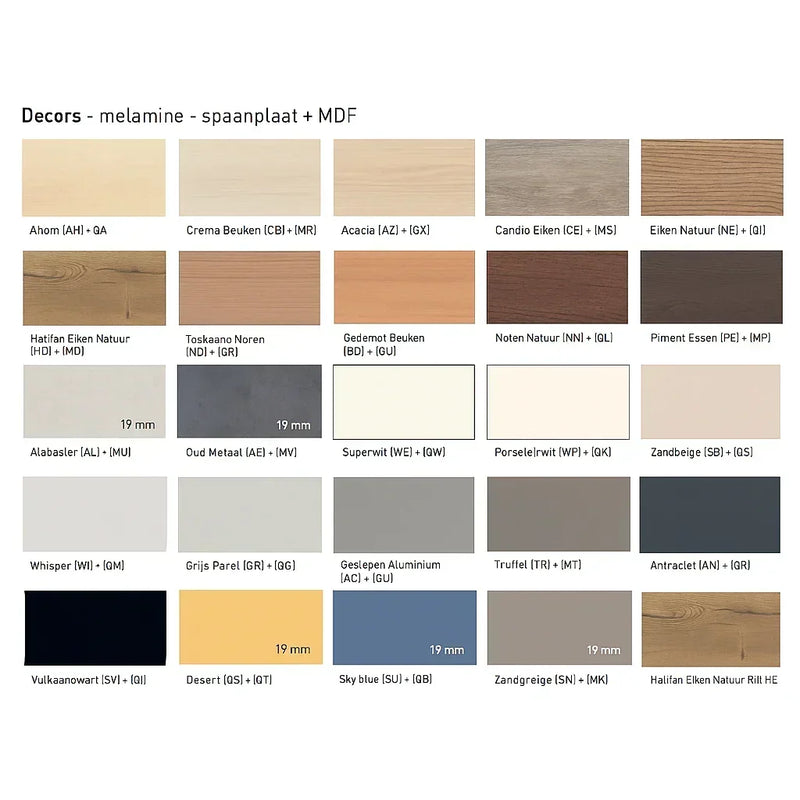 Kleurenoverzicht melamine decors Palmberg kantoormeubelen, hout- en effen tinten, spaanplaat MDF.