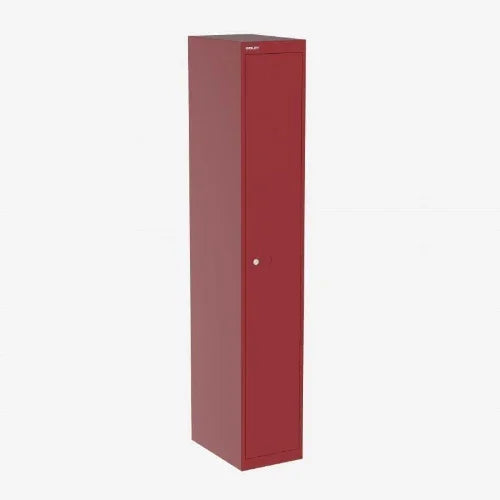 Rode metalen lockerkast voor kantoor, smal ontwerp, geschikt voor werkplekken of thuiswerk.