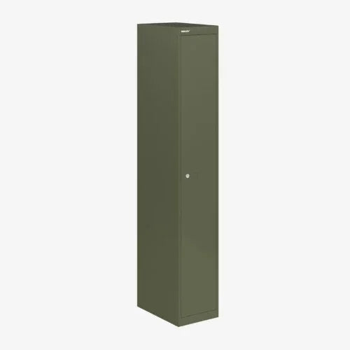 Groene metalen lockerkast met enkele deur, geschikt voor kantoorinrichting.