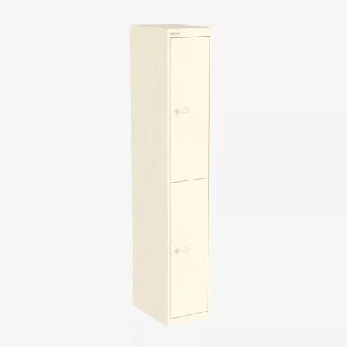 Crèmekleurige metalen lockerkast met twee afsluitbare deuren, geschikt voor kantoorinrichting.