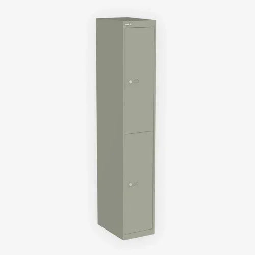 Metalen kantoor lockerkast met twee deuren in grijze kleur, geschikt voor werkplekken.