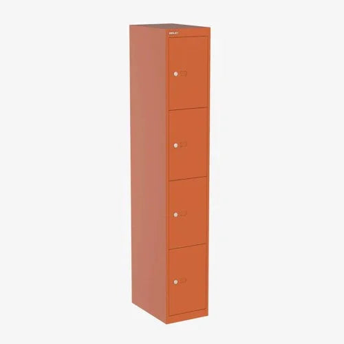 Oranje stalen lockerkast met vier afsluitbare vakken, ideaal voor kantoorinrichting.