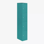 Turquoise lockerkast met vier deuren, ideaal voor kantooropslag en werkplekinrichting.