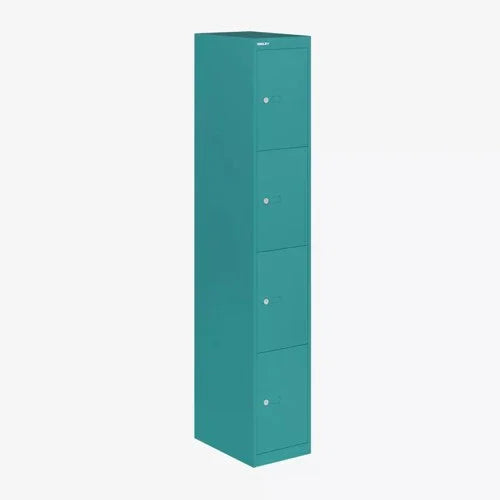 Turquoise lockerkast met vier deuren, ideaal voor kantooropslag en werkplekinrichting.