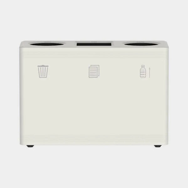 Witte design afvalscheidingsbak Ditch3, in de kleur Mushroom White, met drie vakken voor papier, plastic en restafval.