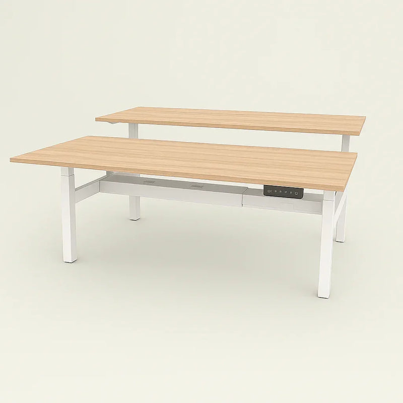 Elektrisch verstelbaar duo zit-sta bureau met wit frame en houten blad, kantoormeubilair