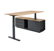 Modern verstelbaar hoekbureau met houtlook blad en zwarte opbergruimte, kantoormeubilair