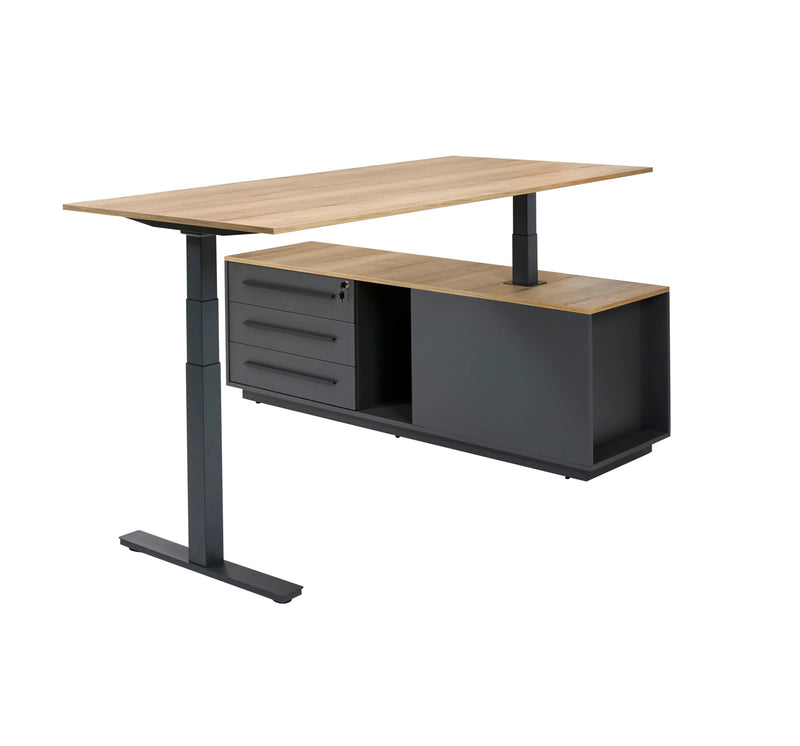 Modern verstelbaar hoekbureau met houtlook blad en zwarte opbergruimte, kantoormeubilair