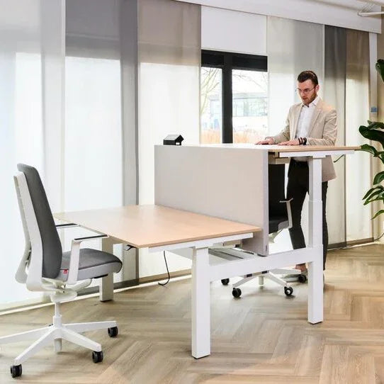 Modern zit-sta bureau met bureaustoel in licht kantoor, kantoormeubilair design Voortman Hi Tee Duo, Hi Tee Duo zit sta, Voortman duo bureau, elektrisch duo bureau, duo zit sta bureau, zit sta bureau 2 personen, NPR 1813 duo bureau, bench bureau elektrisch, elektrisch verstelbare duo werkplek, ergonomische duo werkplek, Voortman bureau prijs, Hi Tee bureau prijs, kantoor zit sta duo