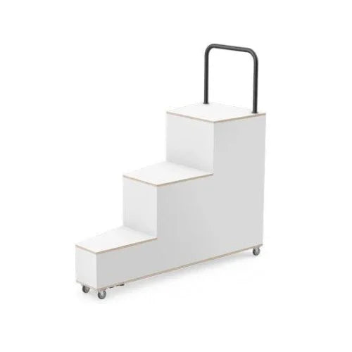 Witte design opstapladder op wieltjes met zwart handvat, kantoormeubilair voor werkplekken.