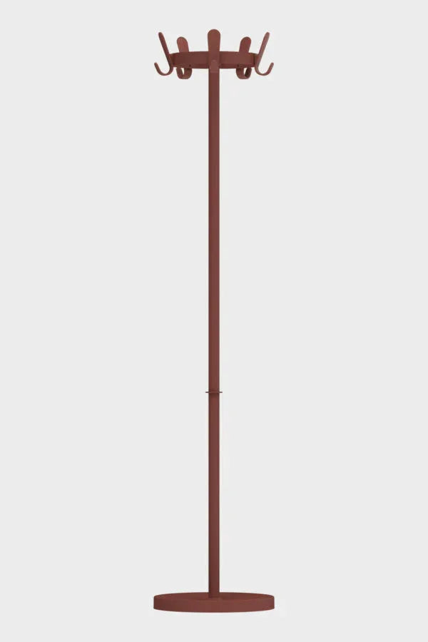 Design kapstok in bordeauxrood met ronde voet, geschikt voor kantoor of thuiswerkplek.
