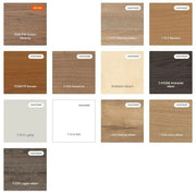 Overzicht van verschillende bladkleuren voor kantoormeubels met hout- en uni-tinten.