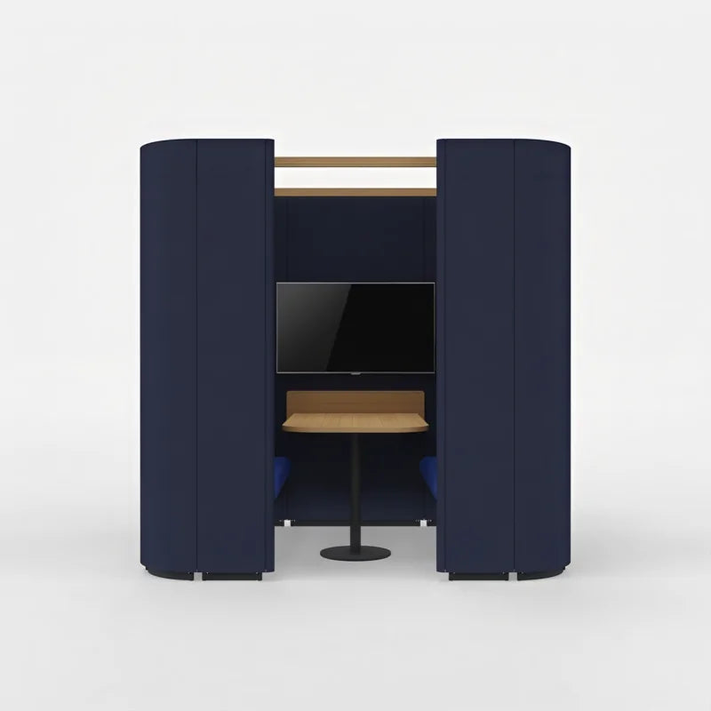 Lande Rondo Box Quattro front, Lande Rondo focusplek, Rondo akoestische werkplek, Rondo Box, Rondo Lavoro, Rondo Uno, Rondo Suono, Rondo Divano, akoestische focusplek kantoor, concentratieplek kantoor, belplek kantoor, telefooncel zonder deur, akoestische werkplek open kantoor, meeting booth kantoor, Lande dealer Nederland, Lande offerte