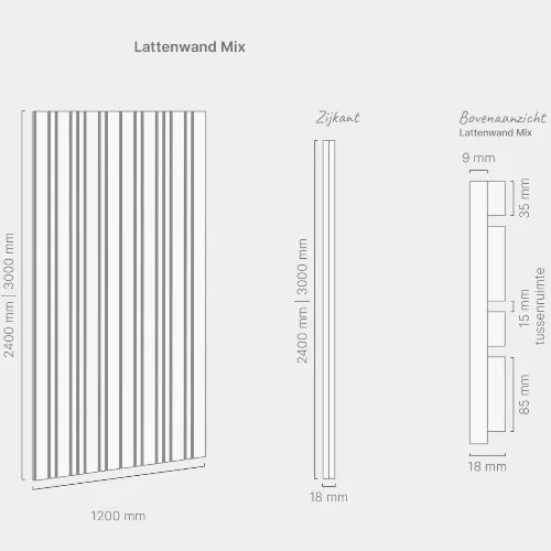 Technische tekening lattenwand mix, afmetingen akoestisch wandpaneel voor kantoorinrichting