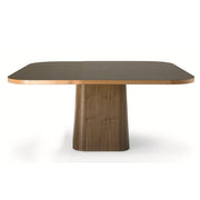 Design vergadertafel met houten onderstel en donker blad, modern kantoormeubilair