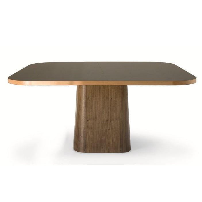 Design vergadertafel met houten onderstel en donker blad, modern kantoormeubilair
