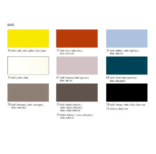 Kleurenoverzicht voor Nooi kantoormeubilair met negen kleurstalen en labels, ideaal voor kantoorinrichting.