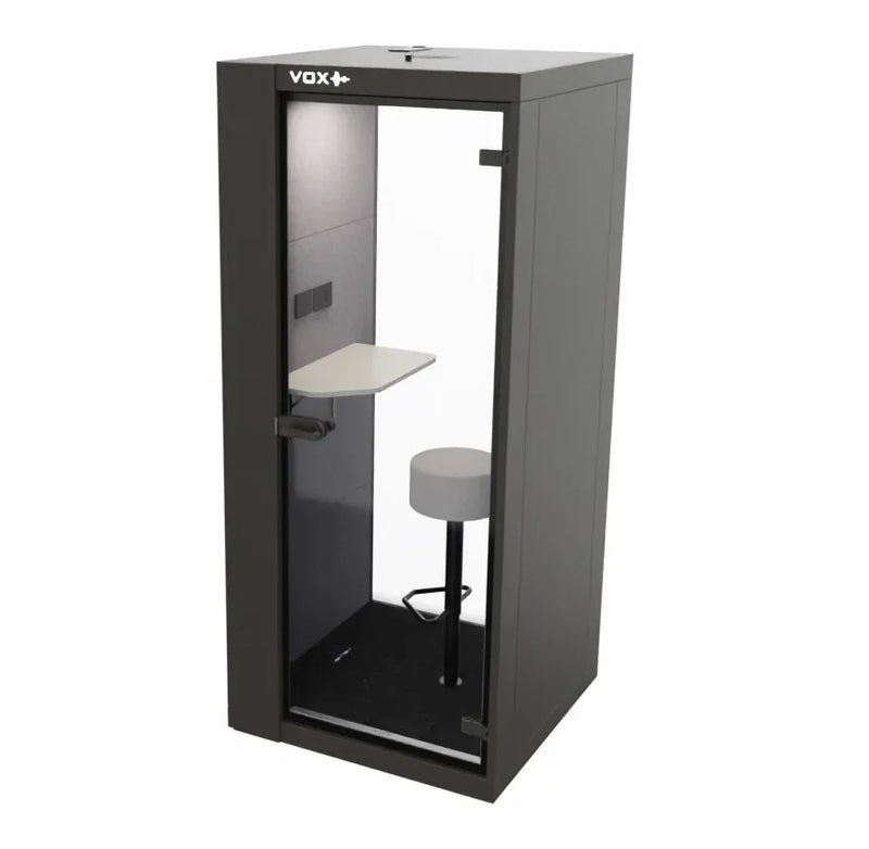 Akoestische belcel kantoor grijs met zitje en werkblad, design kantoormeubilair