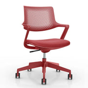 Rode design bureaustoel met mesh rugleuning, wielen en moderne uitstraling, kantoormeubilair